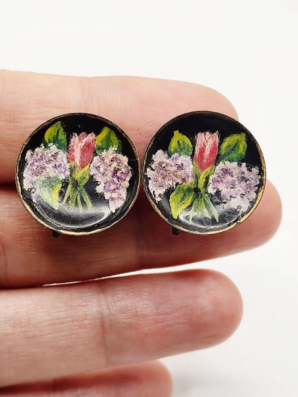 Antique Victorian Hand-Painted Flower Bouquet Round Black Brass Earrings Screw